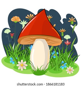 Red mushroom on the background of a night flowering meadow. Cartoon flat style. Landskape Wildflowers and grass. Isolated on white. Beautiful little forest mushroom. Scenery. Vector
