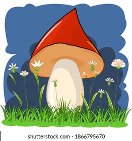 Red mushroom on the background of a night flowering meadow. Cartoon flat style. Landskape Wildflowers and grass. Isolated on white. Beautiful little forest mushroom. Scenery. Vector