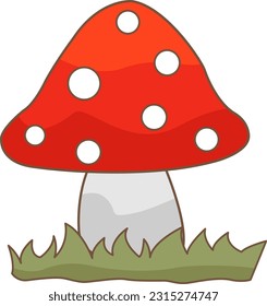 Red mushroom on grass vector illustration for decoration on wild scene and nature concept.