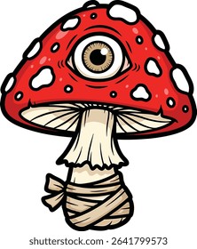Red Mushroom with One Eye and Beige Bandage Cartoon Illustration