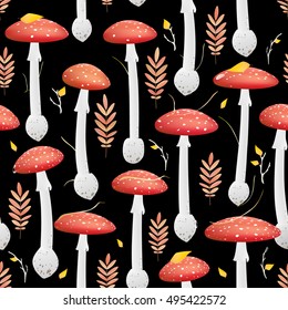 Red mushroom pattern. Red fungus textile. Autumn leaves.