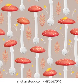 Red mushroom pattern. Red fungus textile. Autumn leaves.