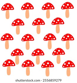 red mushroom pattern on white background. Vector neatly arranged red herbs.