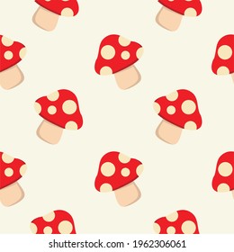 Red mushroom seamless pattern. Amanita mushroom seamless pattern. Vector cartoon illustration icon design. Amanita mushroom seamless pattern concept