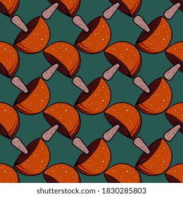 Red mushroom, seamless pattern on dark background.