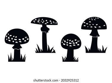 Red mushroom silhouette. Amanita muscaria (fly agaric) poisonous mushroom. Fly agaric mushroom in grass on white background. Vector illustration.