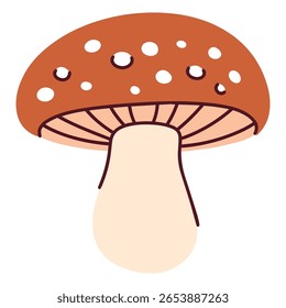Red mushroom with white dots and beige stem in flat style. Iconic fly agaric design often found in forests and fairytales