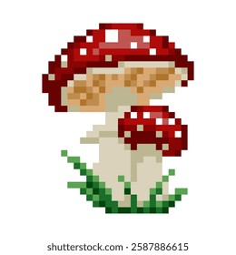 A red mushroom with white spots sits on a patch of grass.