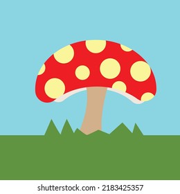 A red mushroom with yellow dots, grass and blue sky, mushroom illustration vector, nature illustration, Autumn plant, suitable for kids stories and spring banners and signs, cartoon style drawing