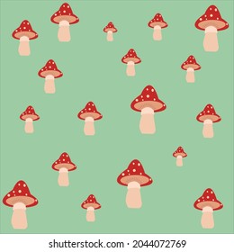 Red mushrooms come in various sizes. with green background