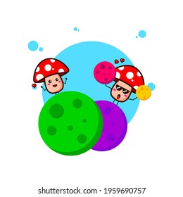 Red mushrooms love planet cute character illustration