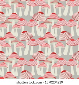 Red mushrooms on pattern for textile,red color,gray background