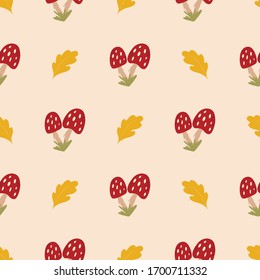 Red mushrooms seamless pattern. Autumn doodle background. Fall graphic cute print Vector wallpaper