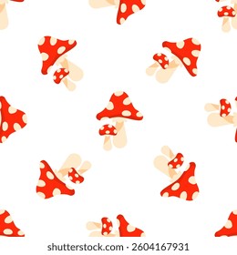 Red mushrooms with white dots growing on white background seamless pattern