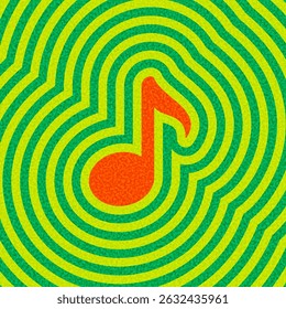 Icono rojo de la nota de la música en el fondo concéntrico verde y amarillo. Ilustración vectorial.