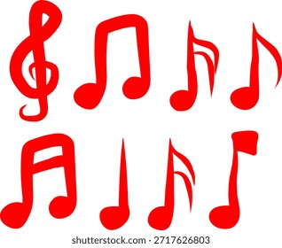 Conjunto de iconos de notas musicales rojas con clave de agudos y varios símbolos musicales. Ilustraciones planas atrevidas perfectas para App de audio, diseño de medios y temas de sonido.