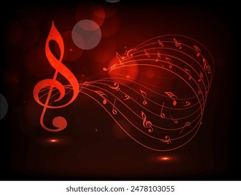 Red Music Notes Abstract Background with Lights Effect.