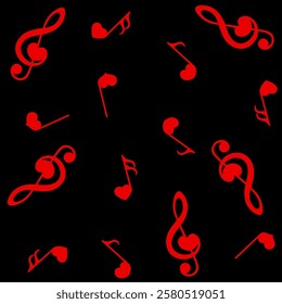 Red music notes with heart on black background, vector illustration. 