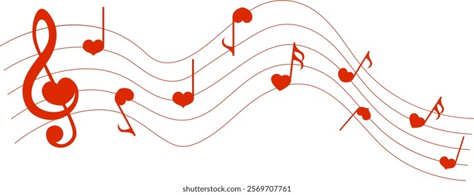 Red music notes, heart shape musical symbols, vector illustration.