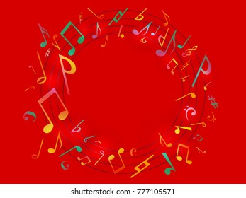 Red Music notes melody poster. Vector Illustration Abstract background.
