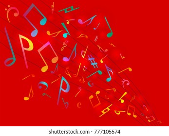 Red Music notes melody poster. Vector Illustration Abstract background.