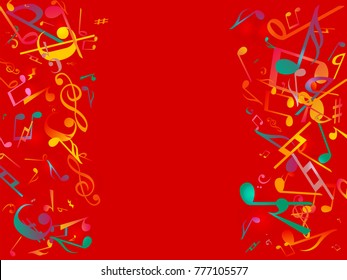 Red Music notes melody poster. Vector Illustration Abstract background.
