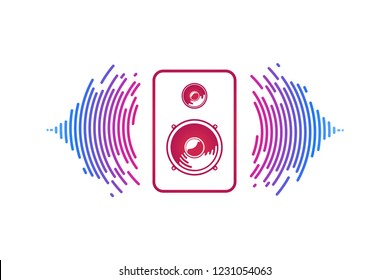 Red music speaker and loudsound waves isolated logo vector illustration. Logotype of sound power on white background