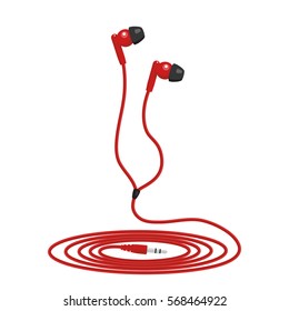 Red music wired headphone. Vector illustration