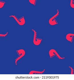 Red Musical instrument saxophone icon isolated seamless pattern on blue background.  Vector