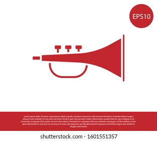 Red Musical instrument trumpet icon isolated on white background.  Vector Illustration