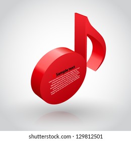 Red musical note 3D. Icon isolated on white background. Vector illustration