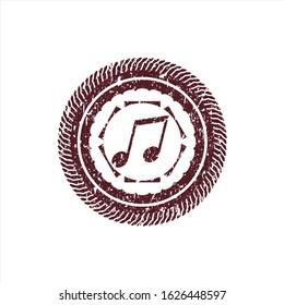 Red musical note icon inside distressed rubber seal with grunge texture