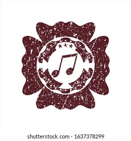Red musical note icon inside distressed rubber seal with grunge texture