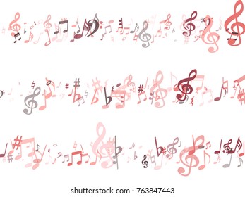 Red musical notes flying isolated on white background. Stylish musical notation symphony signs, pink notes for sound and tune music. Vector symbols for melody recording, prints and back layers.
