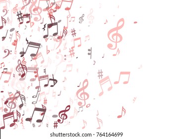 Red musical notes flying isolated on white background. Stylish musical notation symphony signs, pink notes for sound and tune music. Vector symbols for melody recording, prints and back layers.