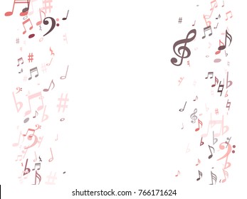 Red musical notes flying isolated on white background. Stylish musical notation symphony signs, pink notes for sound and tune music. Vector symbols for melody recording, prints and back layers.