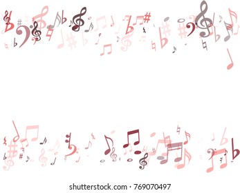 Red musical notes flying isolated on white background. Stylish musical notation symphony signs, pink notes for sound and tune music. Vector symbols for melody recording, prints and back layers.