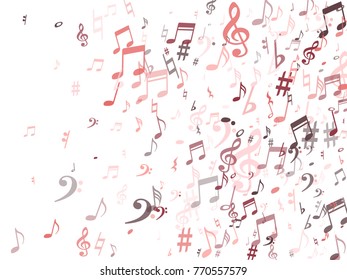 Red musical notes flying isolated on white background. Stylish musical notation symphony signs, pink notes for sound and tune music. Vector symbols for melody recording, prints and back layers.