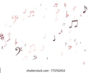 Red musical notes flying isolated on white background. Stylish musical notation symphony signs, pink notes for sound and tune music. Vector symbols for melody recording, prints and back layers.