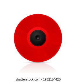 Red musical vinyl record. Vector image with reflection on white background