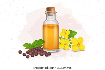 Red Mustard Seed with Mustard oil bottle and flowers 