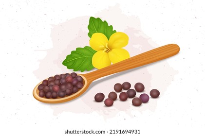Red Mustard Seed with wooden spoon and mustard plant yellow flower vector illustration