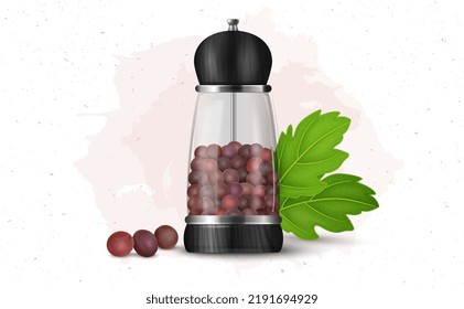 Red Mustard seeds in grinder crusher bottle vector illustration with green leaves