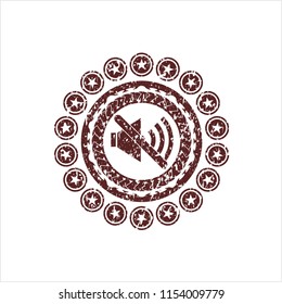 Red mute icon inside distressed rubber stamp with grunge texture