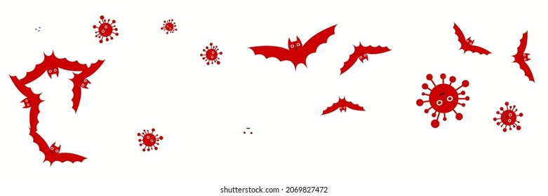 Red Mysterious Horror Creepy Spooky Design Pic. Gothic Corona White Cartoon Virus Halloween Illustration. Covid Dracula Faces Scary Bloody Backdrop. Vaccination Vampire Fear Funny Party Bats.