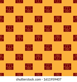 Red Mystery box or random loot box for games icon isolated seamless pattern on brown background. Question box.  Vector Illustration