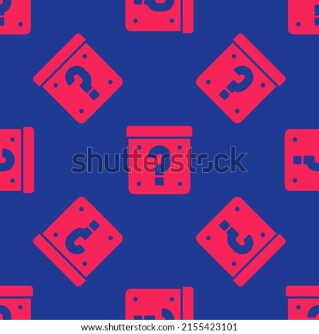 Red Mystery box or random loot box for games icon isolated seamless pattern on blue background. Question mark. Unknown surprise box.  Vector
