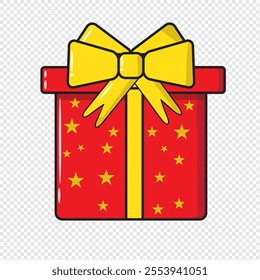 Red mystery gift box lid with yellow ribbon on white background. Isometric concept of random secret loot box. Flat cartoon design vector illustration.star accents 