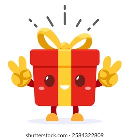 Red mystery gift box with a yellow ribbon Mascot is happy on white background. Random secret loot box concept. Vector illustration cartoon flat design.