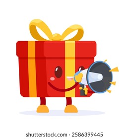 Red mystery gift box with a yellow ribbon Mascot holding megaphone on white background. Random secret loot box concept. Vector illustration cartoon flat design.